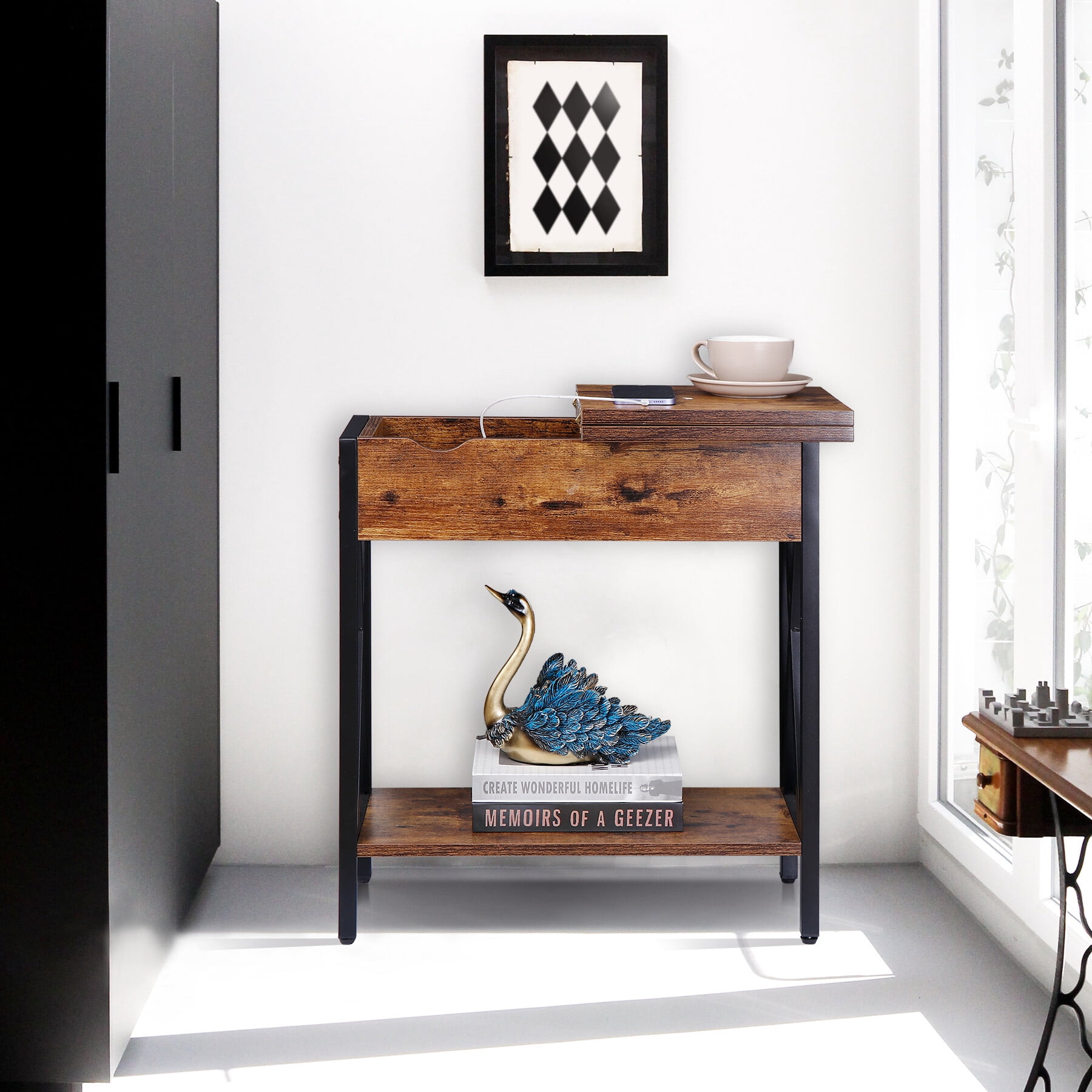 HomGarden Narrow Flip Top End Table Entryway Side Table W/ Charging Station USB Ports & Power Outlets, Rustic Brown