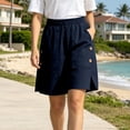 thumbnail image 2 of hotojiny Women's Linen Shorts Elastic High Waist Bermuda Shorts Wide Leg Summer Casual Lounge Shorts with Side Slit, 2 of 6