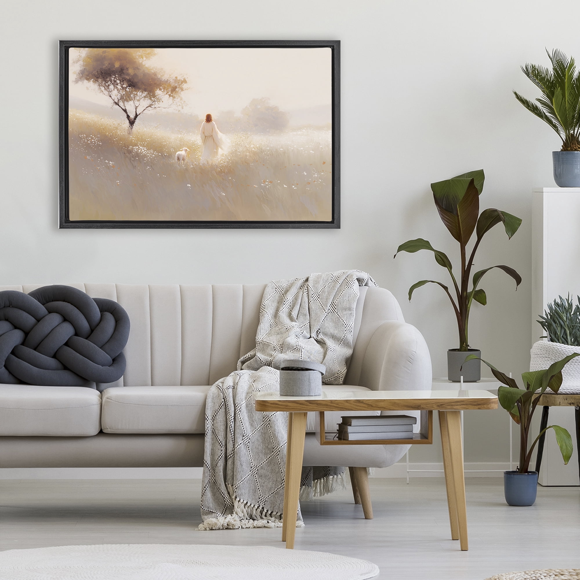 Stupell Industries Spiritual Shepherd & Lamb Black Framed Floater Canvas Wall Art, design by Jacky Ngan