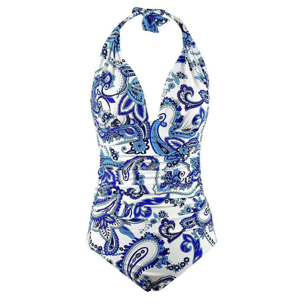 Angelique Womens Plus Size Paisley Print One Piece Swimsuit Plunging