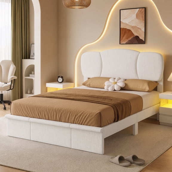Pinmoco Queen Bed Frame with Adjustable Headboard, LED Chenille Upholstered Platform Bed Frame, No Box Spring Needed, Cream White