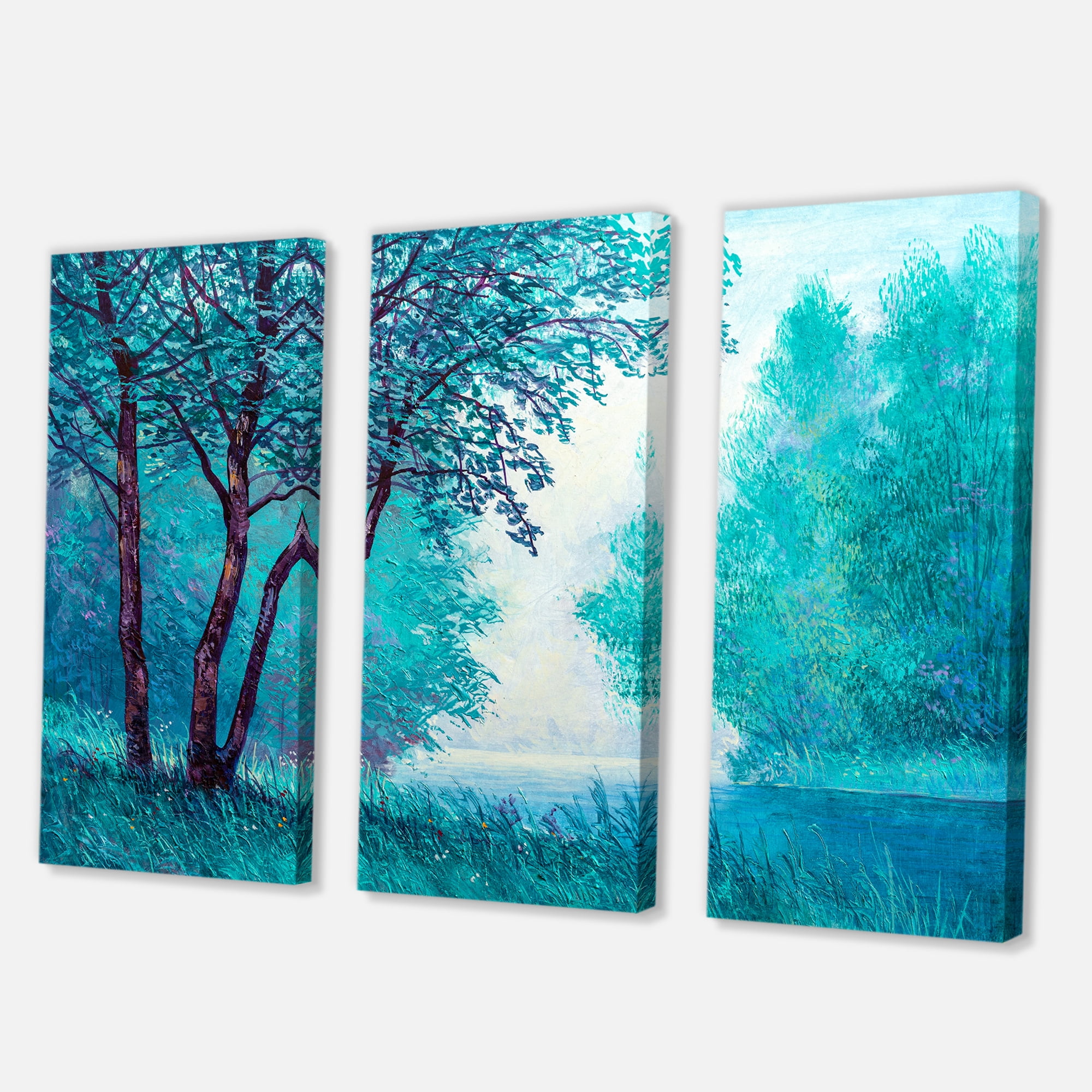 Designart ' Blue Coloured Tree Impression By Riverside ' Lake House Canvas Wall Art Print
