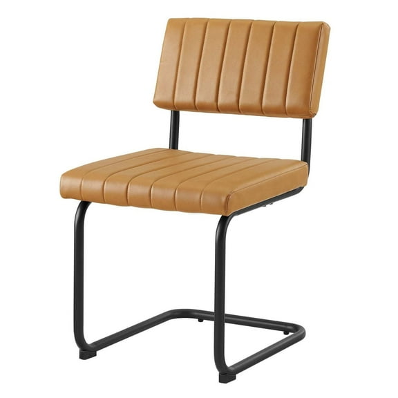 Side Dining Chair, Set of 2, Tan Black, Vegan Leather, Metal, Mid Century Kitchen Cafe Bistro Hospitality Restaurant, Modern Contemporary HB34854