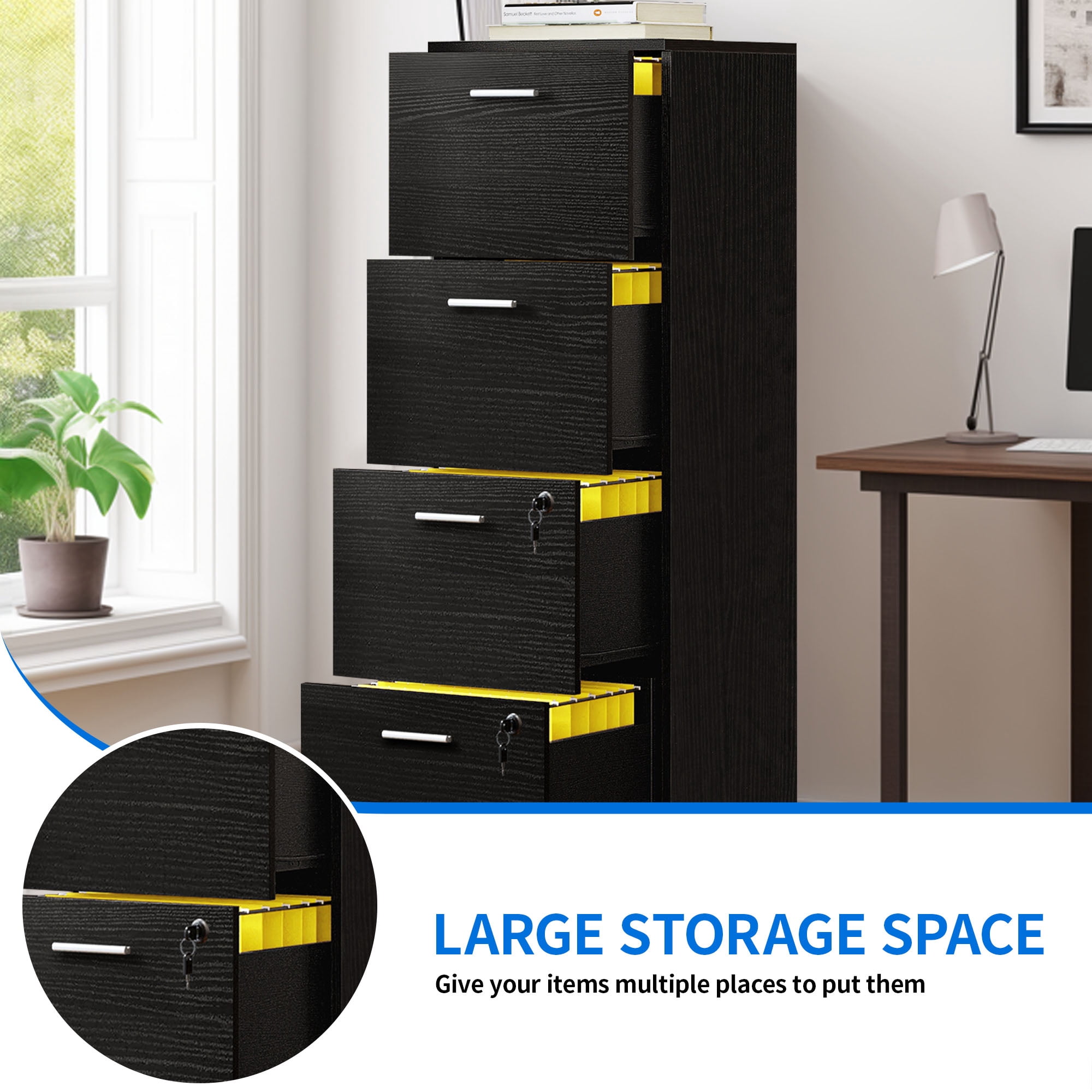 DEXTRUS 4-Drawer Wood File Cabinet with Lock,15.82" Deep Vertical Filing Cabinet for Letter A4-Sized Files, Easy to Assemble, Black
