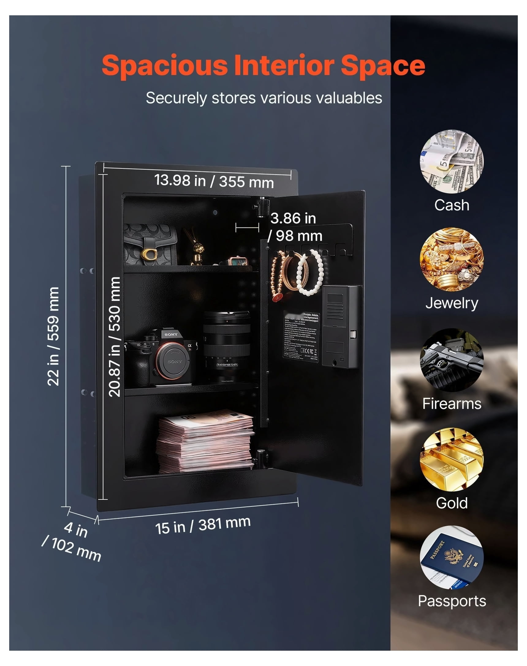 Wall Safe, Hidden In-Wall Safe with Fingerprint, Password & Key - 3-Tier Steel Security Box for Money, Jewelry, Passport - Adjustable Shelf & Key Holders
