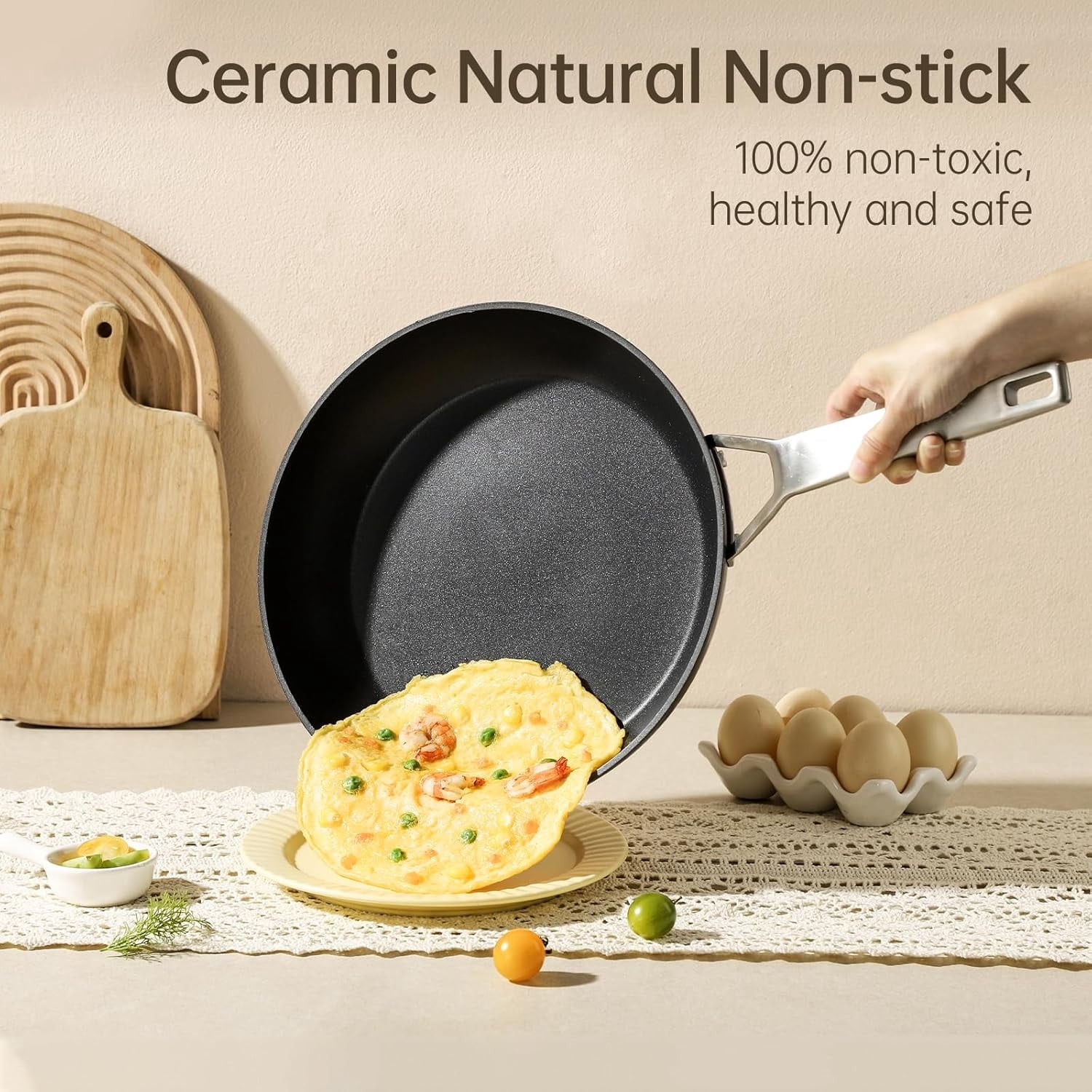 9 1/2 Inch Small Egg Pan with Lid, Titanium and Ceramic Nonstick Omelette Pan,Scratch-resistant, Induction Egg Skillet, Oven Safe to 700°F Pan for Cooking, Dishwasher Safe