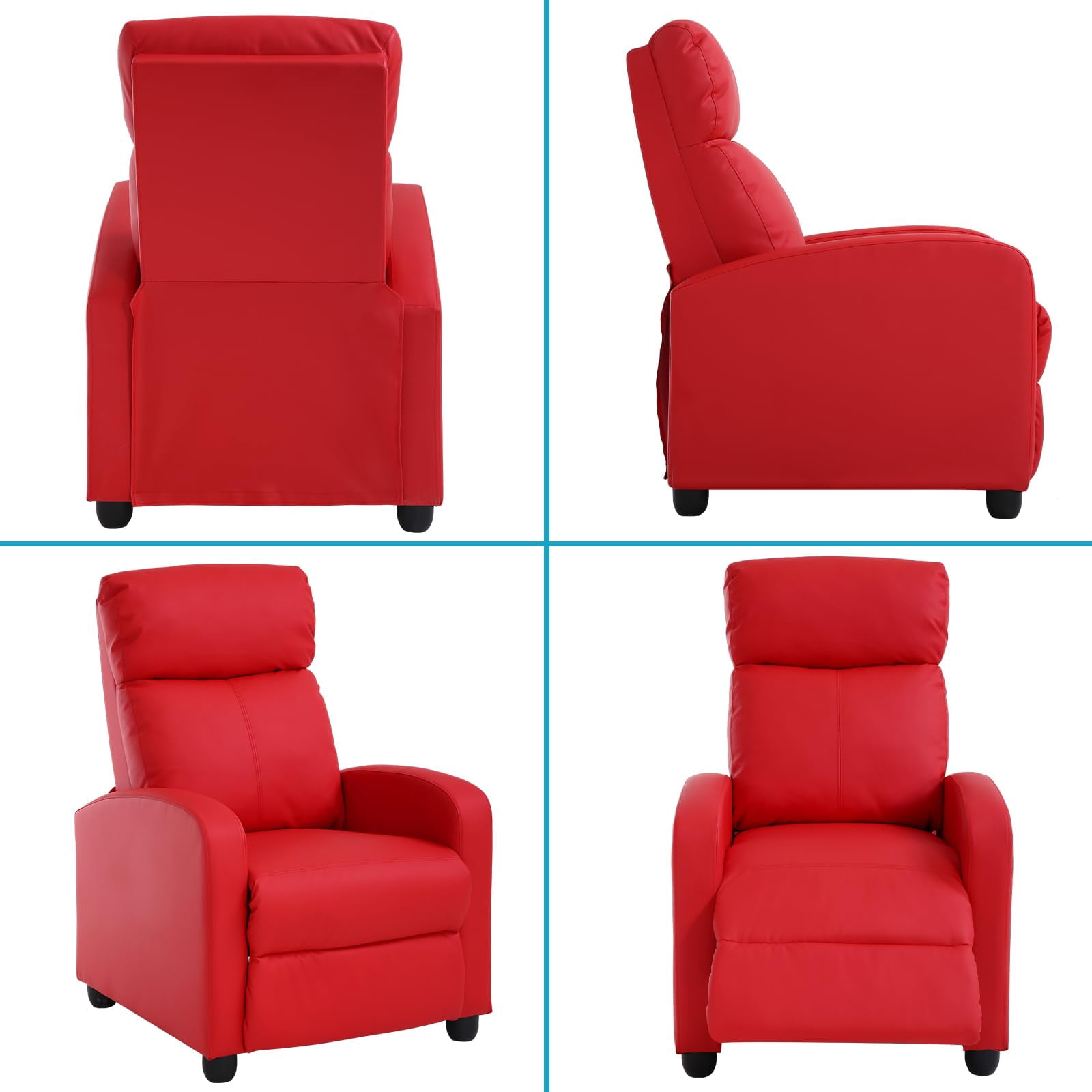 NiamVelo Recliner Chair for Adults, PU Leather Recliner Sofa with Lumbar Support, Adjustable Modern Reclining Chair with Padded Seat Backrest for Home, Living Room, Theater （Red）