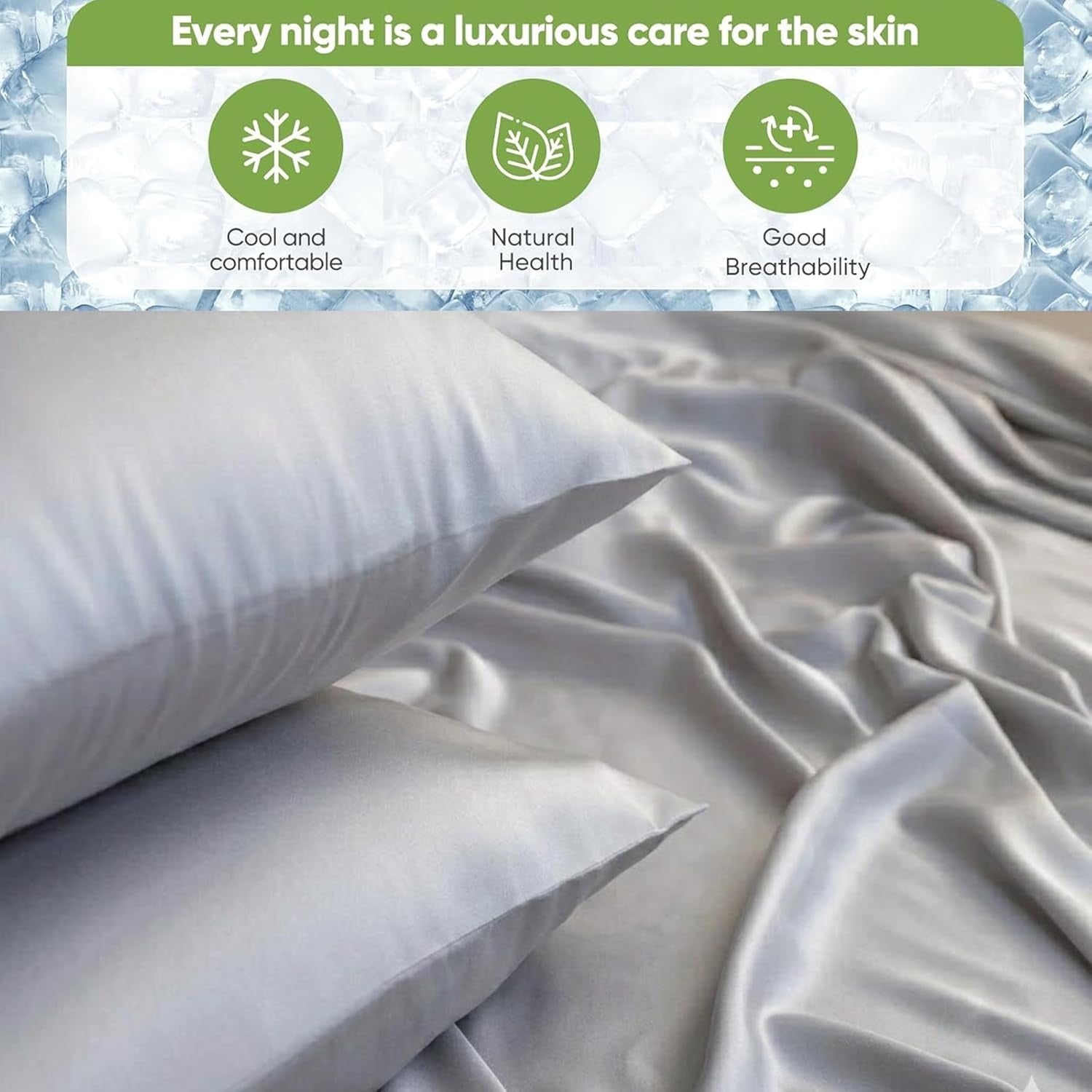 100% Viscose derived from Bamboo 4PC Sheet Set - 400 Thread Count Cooling Bed Sheets - Silky Soft & Breathable - 15-Inch Deep Pockets Fitted Sheet - Olympic Queen - Light Grey