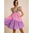 thumbnail image 3 of Multicolor Floral Patchwork V-Neck Ruffle Sleeve A-Line Short Dress For Women, 3 of 8