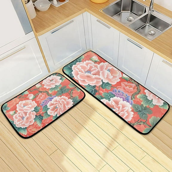 Flowers Kitchen Rugs Set of 2 Non Slip Floor Foam Mat Cushioned Soft Waterproof Carpet Runner for Dining Room Laundry