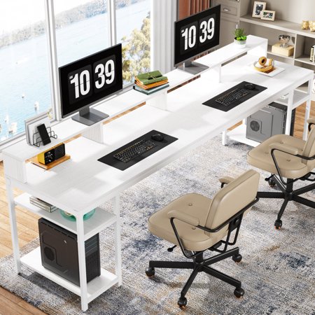 Tribesigns 78.74 Two Person Desk with Monitor Stand Long Double Computer Desk with Storage Shelves for Home Office White
