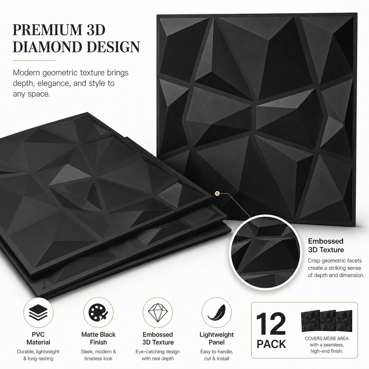 Yeslife 12-Pack 19.69"x19.69" Black PVC 3D Embossed Wall Panels, Geometric Accent Wall Covering for Living Room Office TV Wall, 32.2 Sq Ft