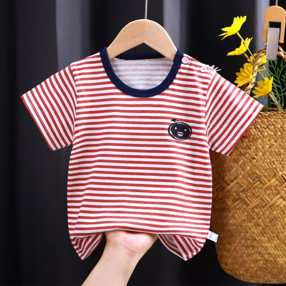 Spazoro Toddler Girls Boys T-Shirts Tees, Crew Neck Casual Short Sleeve Striped Breathable Summer Tops for Kids Unisex Red Size 6 T