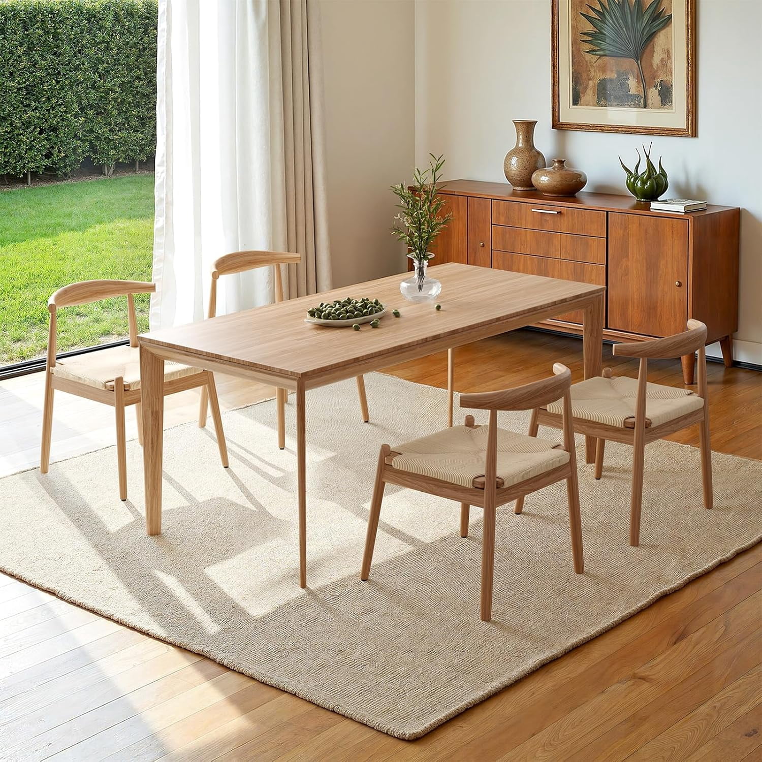 Farini Mid-Century Dining Chairs Set of 2, Solid Wood Frame & Woven Leather Seats, Nature-Beige