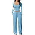 thumbnail image 6 of JGGSPWM Women's 2 Piece Outfits Solid Color Long Sleeve Square Neck Crop Tops Wide Leg Tracksuits Casual Lounge Set Blue XL, 6 of 9