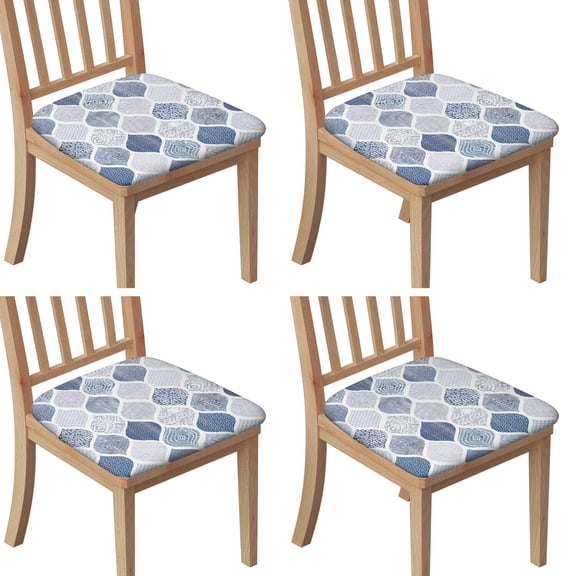 Blue and White Geometric Quatrefoil Seat Covers for Dining Room Chairs Set Of 4,Stretch Printed Washable Chair Seat Cover with Elastic Ties and Button,Removable Waterproof Couch Cushion Covers