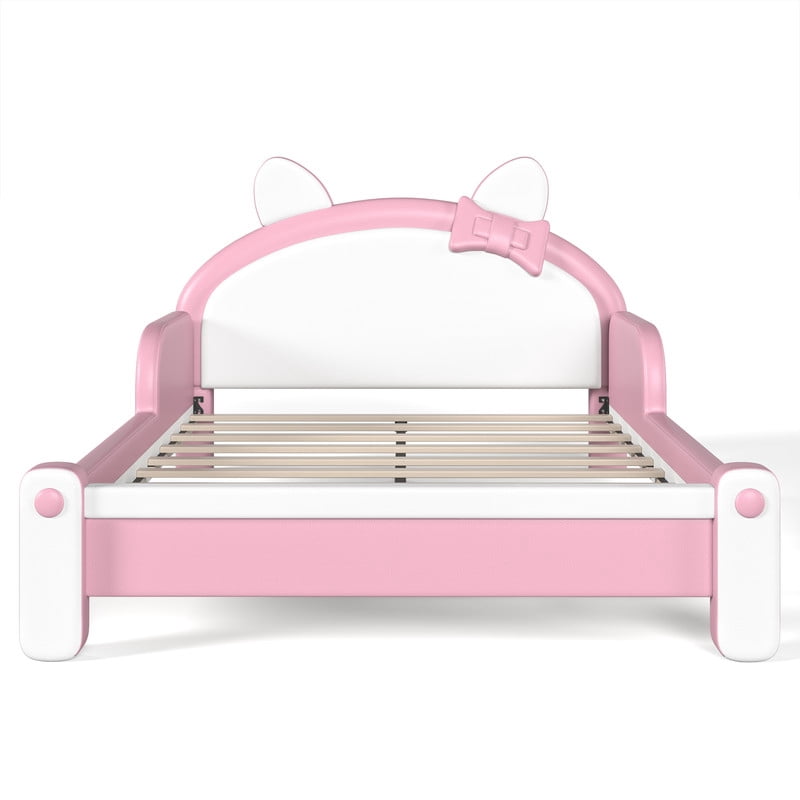 Full Size Kids Platform Bed with Cartoon Cat-Shaped Headboard, Upholstered PU Leather Princess Bed, Low Profile Child Bed Frame