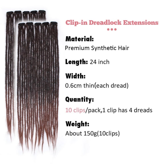 WEIF-24 Inch Clip in Dreadlock Hair Extensions 10Clips 40 Strands Synthetic Handmade Soft Clip In Dreads Extensions for Women,1B/30
