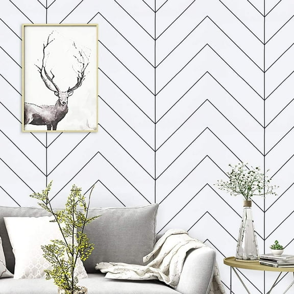 Geometric Herringbone Wallpaper Modern Trellis Striped Peel and Stick Wallpaper 17.71'' x 9.8ft Black White Contact Paper Self-Adhesive Decorative for Living Room Bedroom Furniture