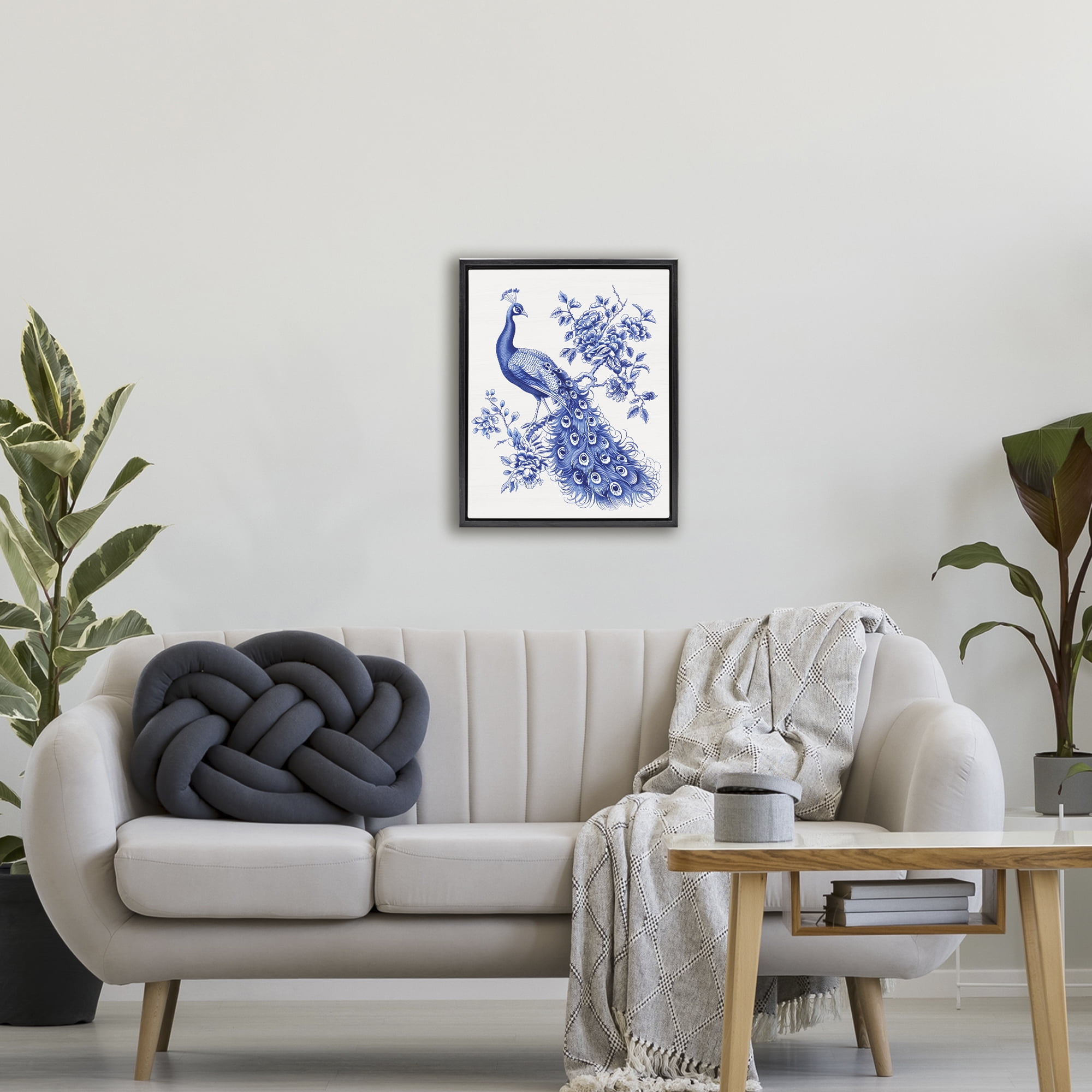 Vintage Peacock in Toile Style Black Framed Floater Canvas Wall Art, design by Lettered and Lined