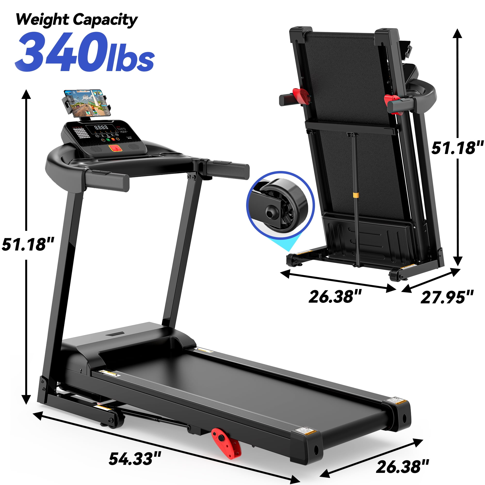 12% Incline Treadmill with Handle, 3.45HP Portable Treadmills for Home, Foldable Treadmills with 340 LBS Capacity, 3-in-1 Quiet Walking Pad Treadmill, 70+1 Programs, APP Control, Knee Gifts