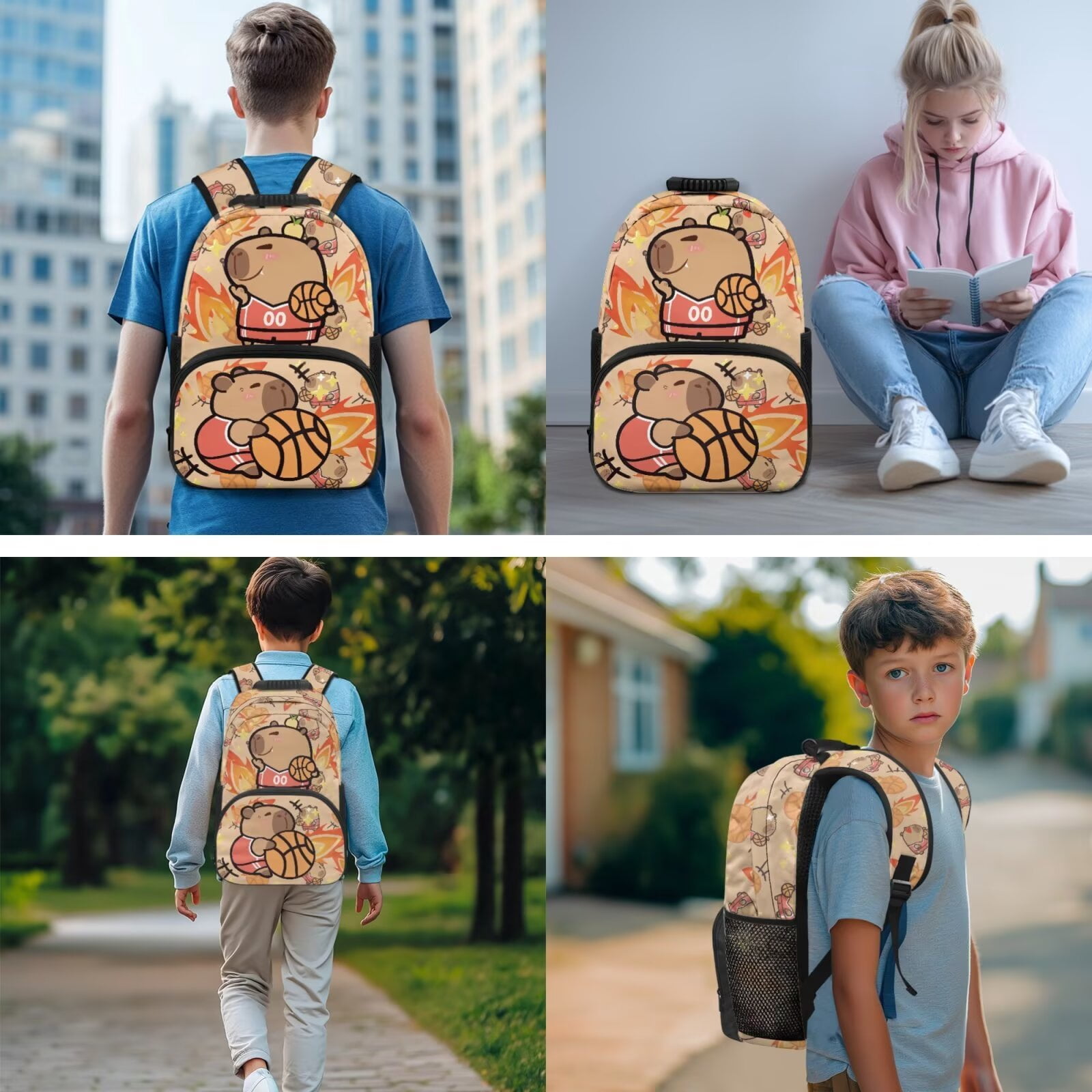 Pzuqiu Basketball Capybara Girls Backpack with Lunch Box Back Pack for School Kids Backpacks Kawaii Lightweight Casual Travel Daypack for Kids, 4pcs with Pencil Case 2pcs Bookmark