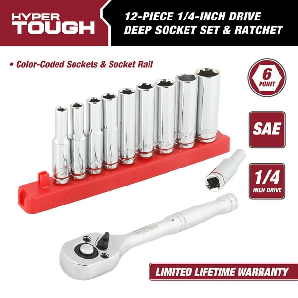 Hyper Tough 12Piece 1/4inch Drive Ratchet and Deep Socket Set, SAE, Model 30130