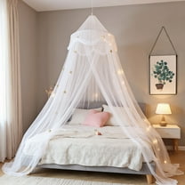 XYAIYT Bed Canopy with Lights for Girls, Gold Star Princess Crib Canopy Curtains,Extra Large Dome Mosquito Net Reading Nook Canopy for Boys Full Queen Size Bed (White)