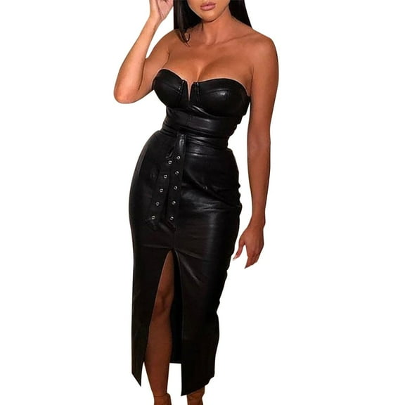 Women's Sexy Tight Leather Dress with Waist Lacing and Studded Hem Open Design for Casual Outfits