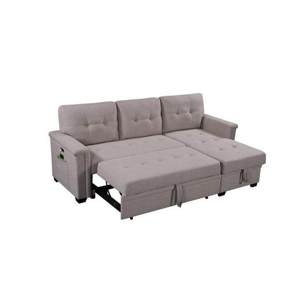 86 Ashlyn Gray Linen Reversible, Leather Sleeper Sofa With Storage Chaise