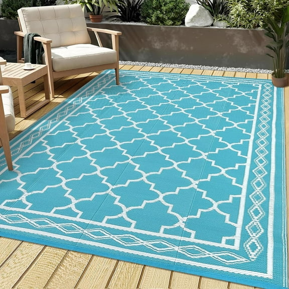 Funslane Waterproof Outdoor Rug 5x8ft for Patios, Plastic Straw Rug Outside Carpet Mats for Picnic, Backyard, Deck, Balcony, Porch, Beach, Light Blue & White