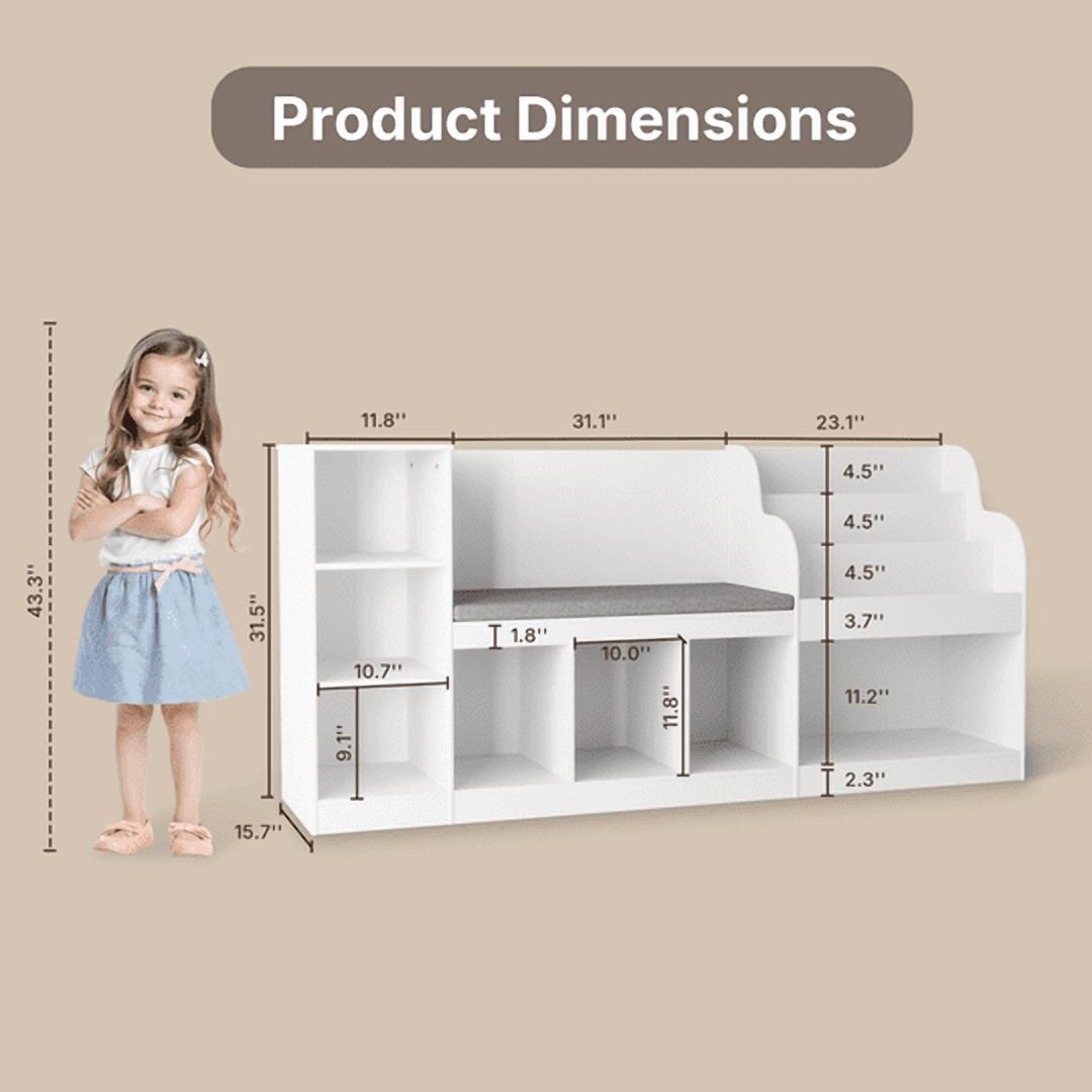Aiho 66"Kids Bookshelf with Reading Nook , Toy Storage Organizer with 7 Cubes Bookcase & 4-Tier Book Racks & cushion, Toy Storage Organizer for Playroom Bedroom - White