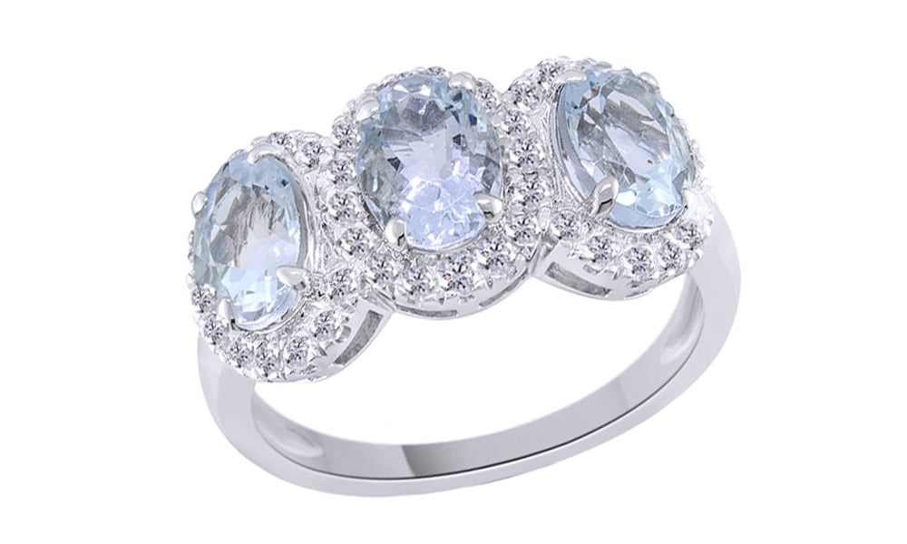 Jewel Zone US Simulated Aquamarine & White Cubic Zirconia Three Stone Ring in 14k Gold Over Sterling Silver 2.9 Cttw