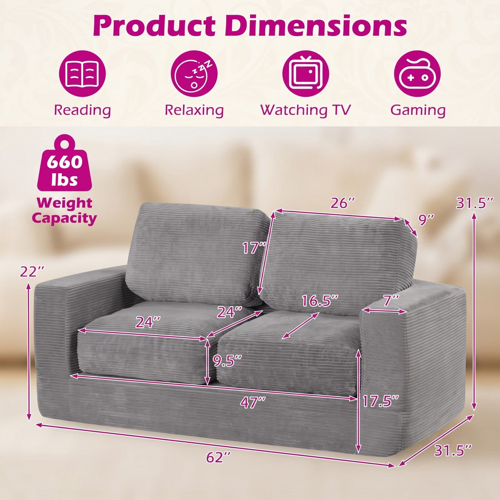 Furnibear 2-Seater Floor Couch Loveseat, Convertible Foam Sofa Lazy Couch with Removable Corduroy Cover, High-Density Sponge Filled Sofa Bed for Living Room, Gray