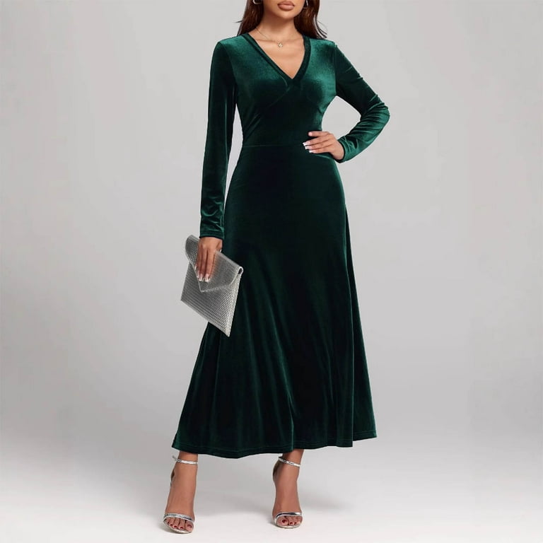 Wyobmus Elegant Velvet Dress for Women Long Sleeve Maxi Dress Stretchy Flowy  V Neck Formal Long Prom Dress A-Green - Walmart.com