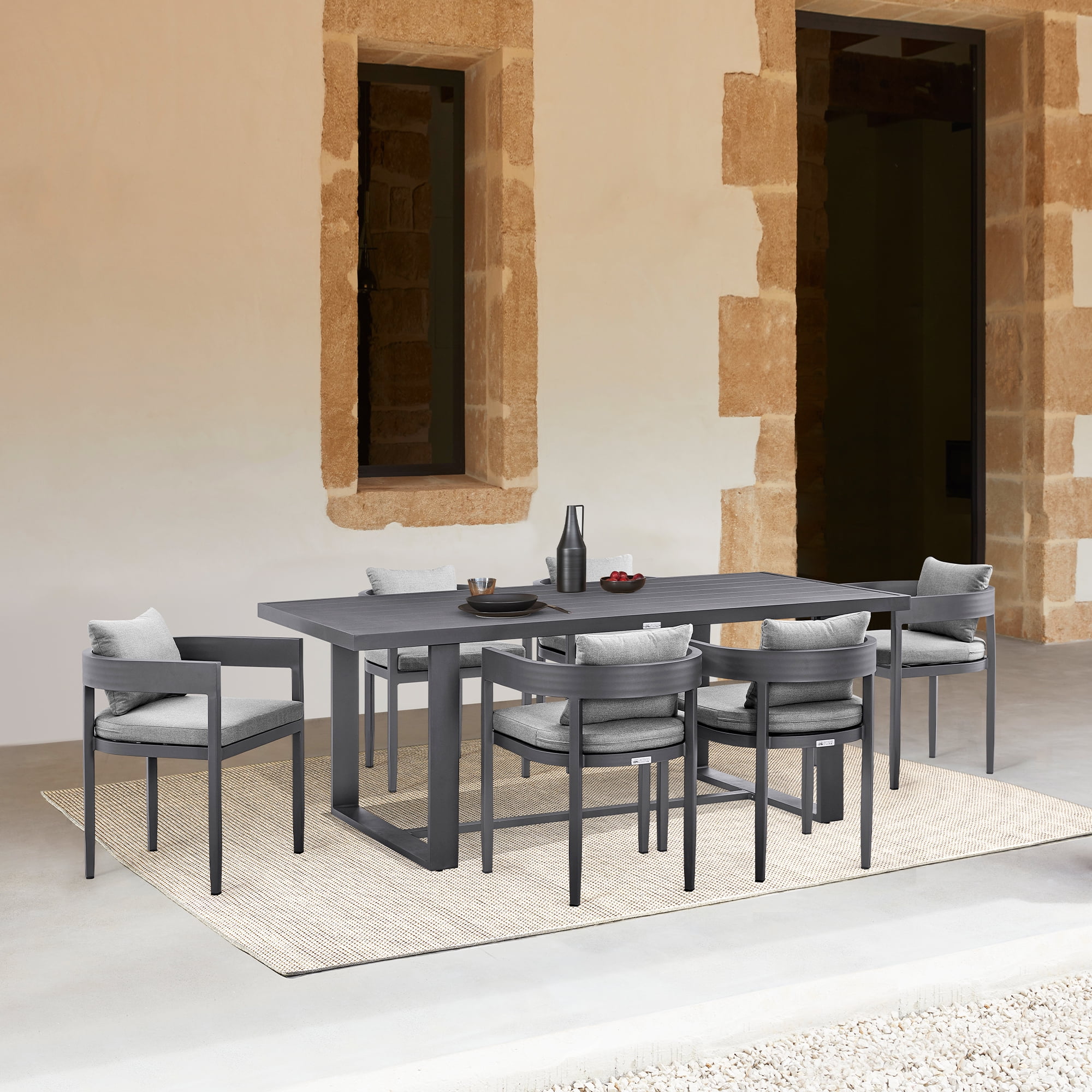 Argiope Outdoor Patio 7-Piece Dining Table Set in Aluminum with Grey Cushions Armen Living