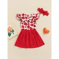 thumbnail image 2 of Honganda Baby Little Girl Three Piece Set, Heart Pattern Printed Fly Sleeve Romper Elastic Solid Color Skirt Bow Headband, 2 of 8