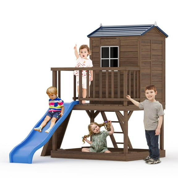 Studyset Kids Outdoor Playhouse with Slide,Elevated Cedar Wooden Kids Playhouse with Step Ladder,2 Story Wooden Playhouse with Sandbox