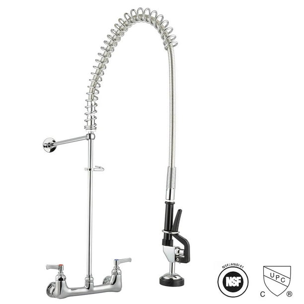Aquaterior Double Handle Pull Down Sprayer Kitchen Faucet Commercial 360 Swive Spout Wall Mount Pre Rinse Cupc Nsf Ansi Com - Wall Mounted Kitchen Faucet With Pull Down Sprayer