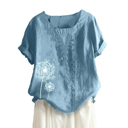 

Women s Cotton Linen Blouses Top Graphic Print Summer Roll up Sleeve Tee Comfort Loose Comfy T-shirt