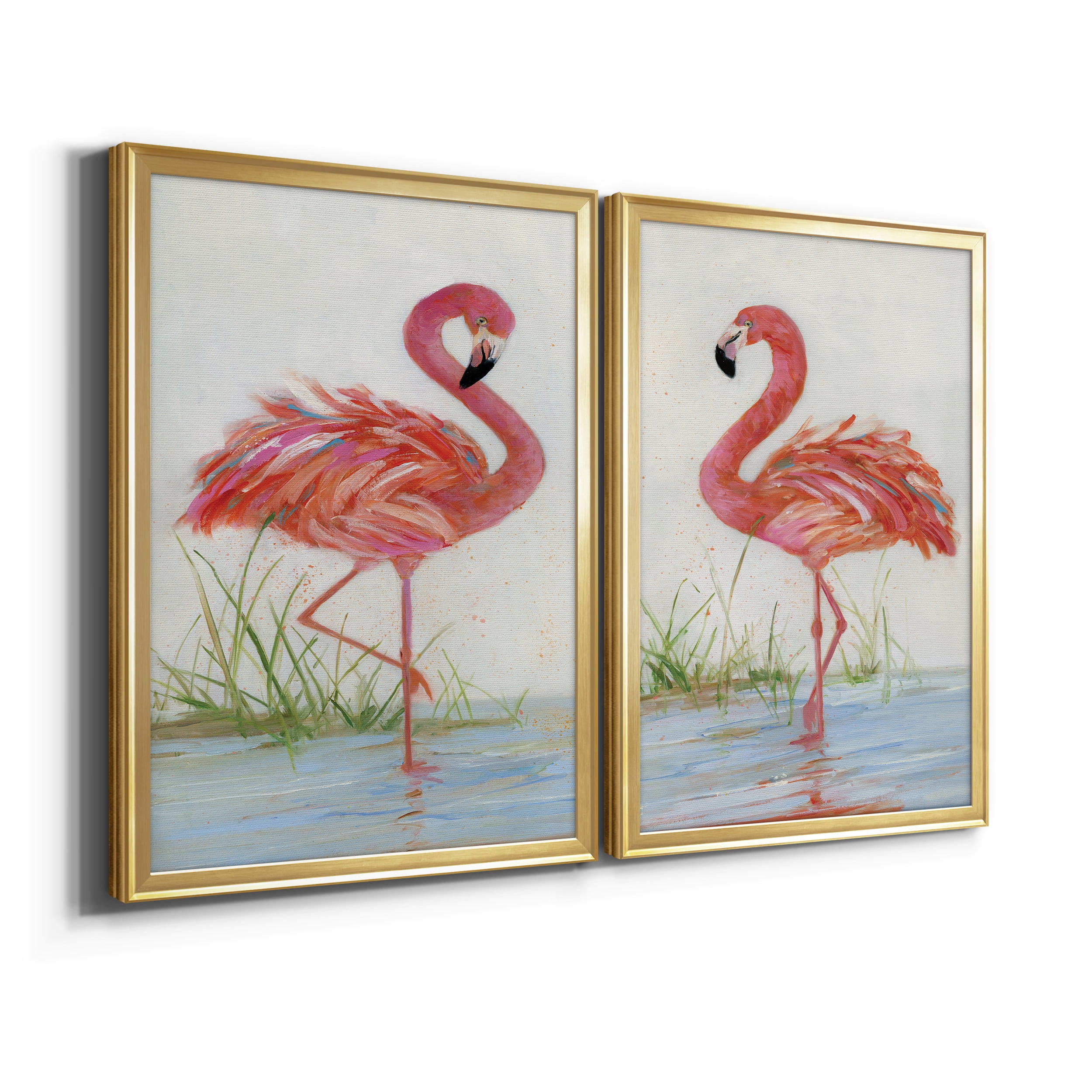 2 Piece Set Flamingo I Premium Framed Canvas - Ready to Hang - 22.5 x 30.5 Each - Gold Frame