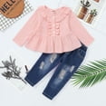thumbnail image 3 of 6 Months Infant Baby Girls Clothes Baby Girls Outfits 6-12 Months Baby Girls Long Sleeve Round Neckline Ruffle Top Jeans Pants 2PCS Set Pink, 3 of 9