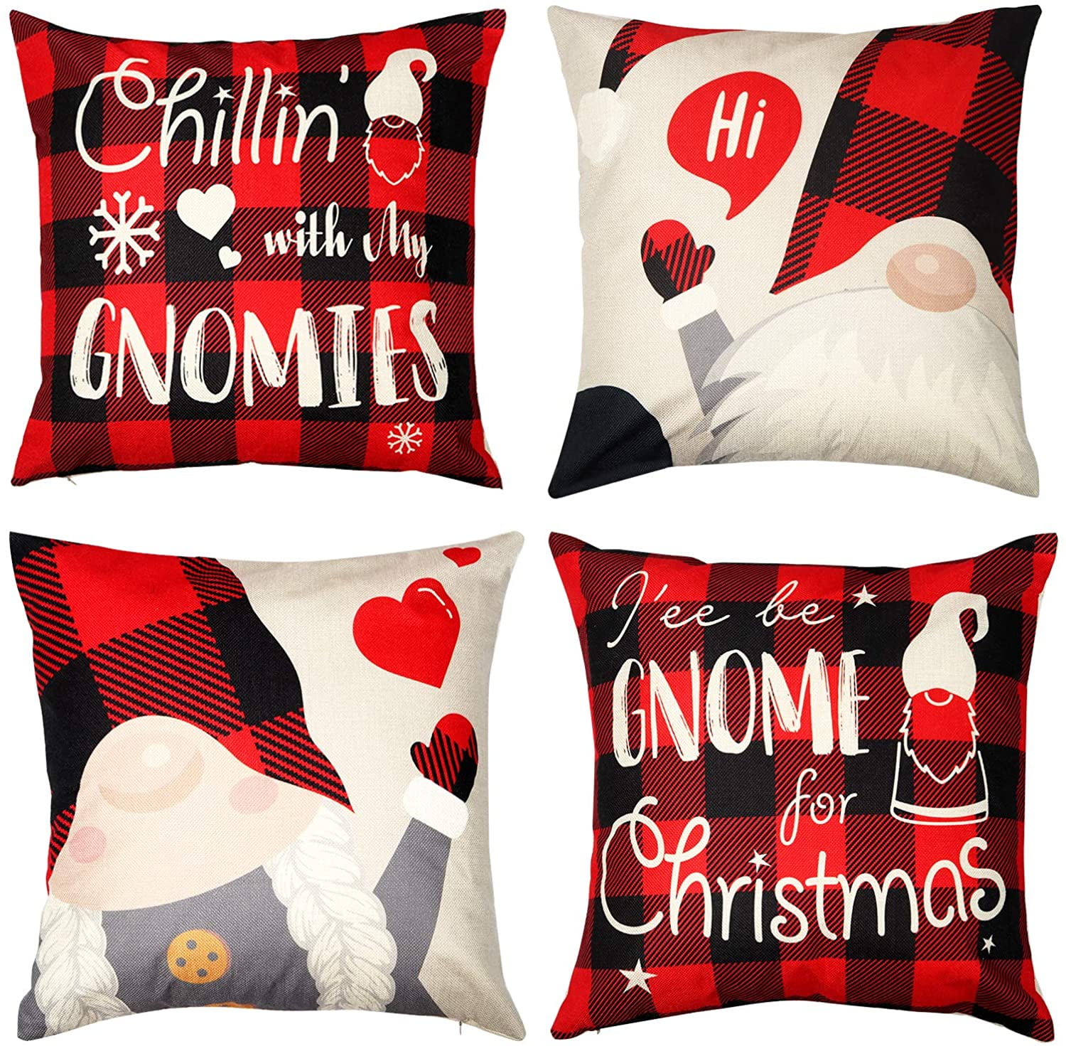 D-FantiX Gnome Christmas Pillow Covers Set of 4, 18 x 18 Inch Christmas Pillow Cases Swedish Tomte Scandinavian Yule Santa Linen Cushion Decorative Throw Pillow Covers, Pillowcase Xmas Decorations