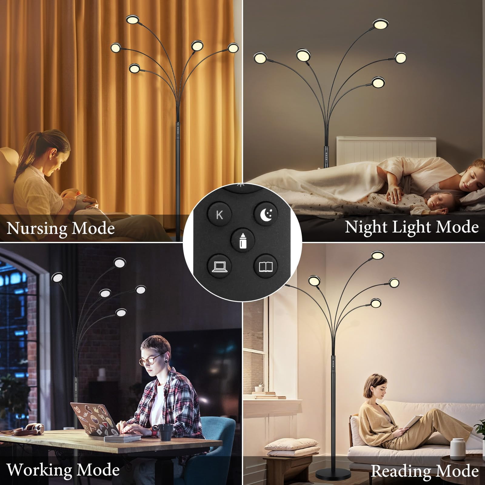 Nordic Hygge LED Arc Floor Lamp with Remote, Black