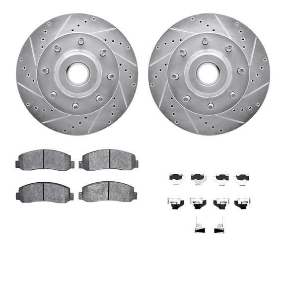 Dynamic Friction Company Front Brake Rotors-Drilled and Slotted-Silver with Ultimate Duty Performance Brake Pads includes Hardware 7412-54088