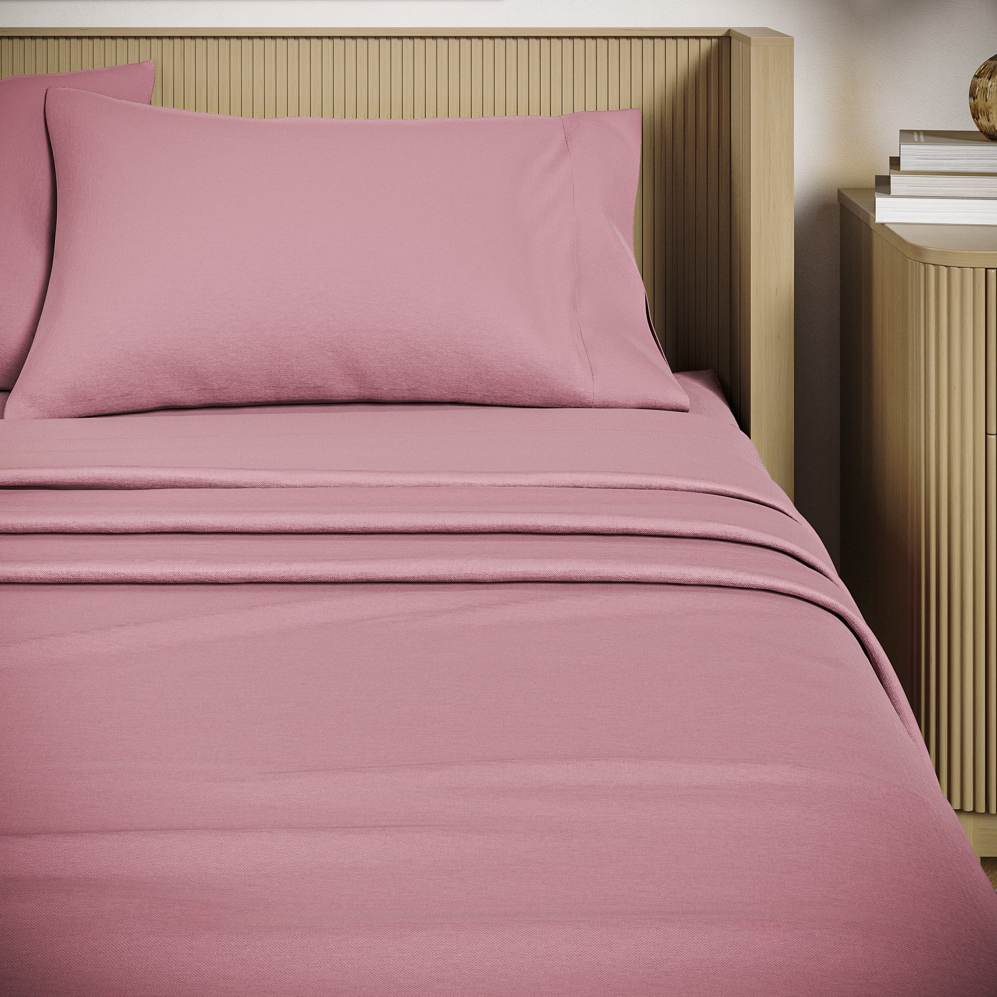 Beautiful Solid 4-Piece 100% Cotton Washed Percale Woodrose Sheet Set, Queen by Drew Barrymore