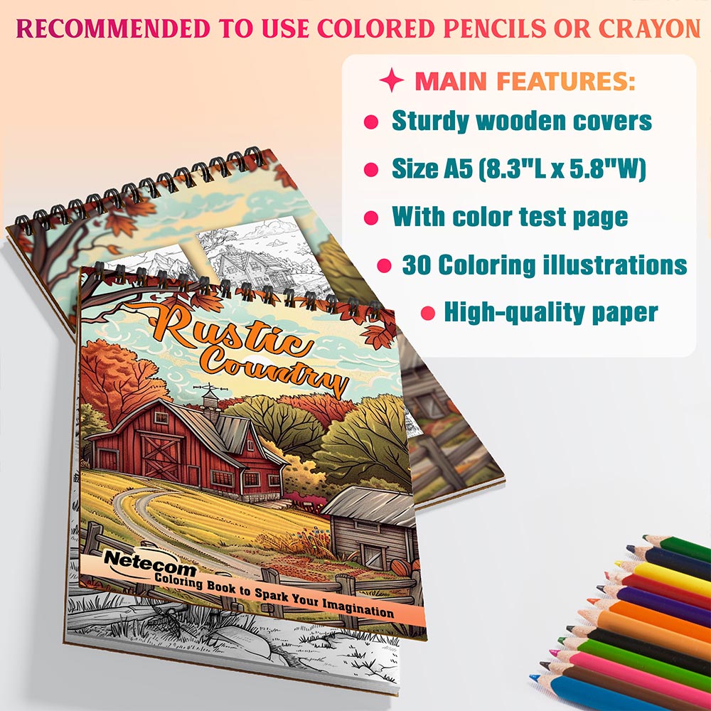 Netecom Rustic Country Coloring Book Spiral Bound for Adults, A5 Wooden Cover, 30 Charming Coloring Pages of Cozy Cottages for Stress Relief and Relaxation