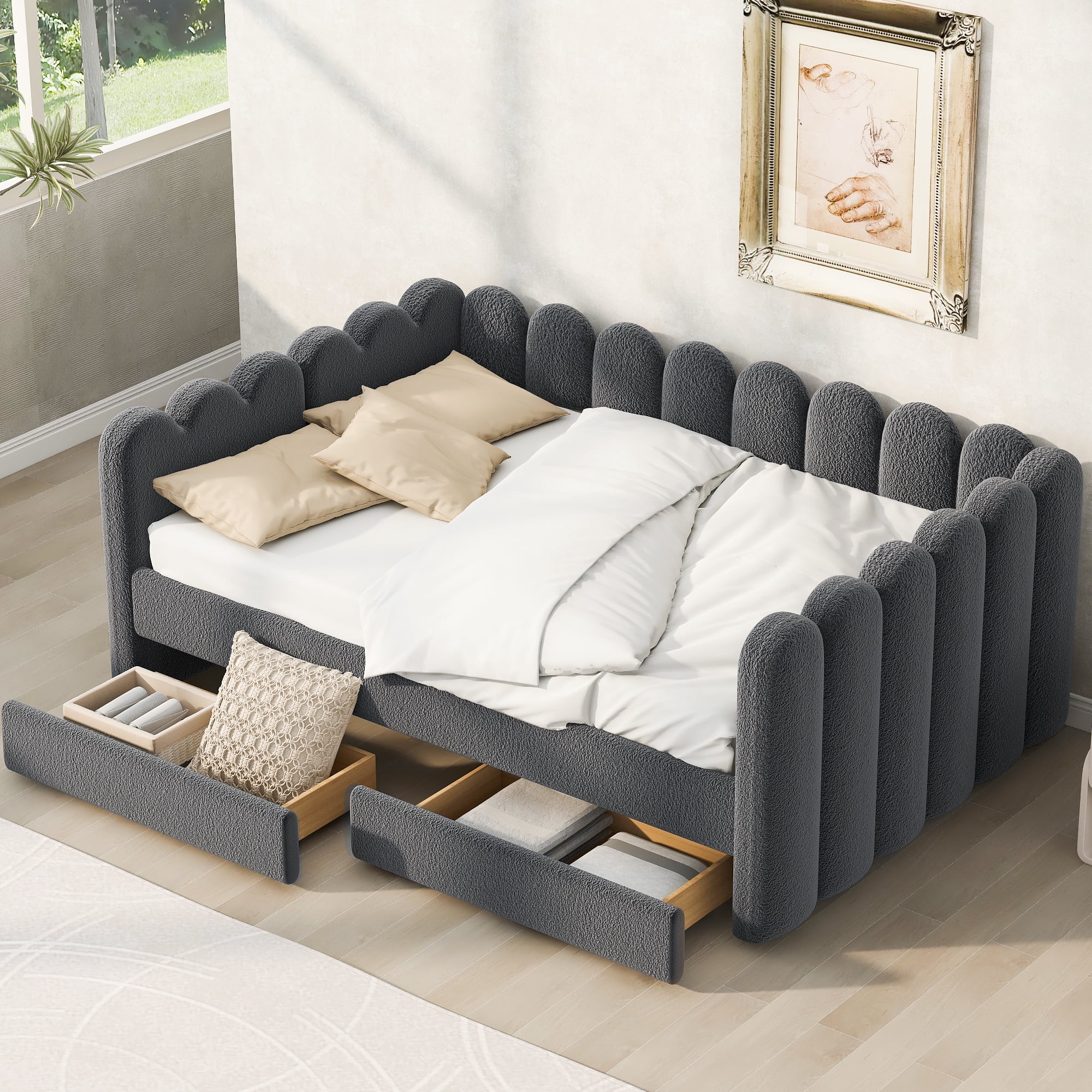 EUROCO Queen Size Upholstered Daybed with 2 Storage Drawers, Solid Wood Sofa Bed Frame, Easy Assembly, Space-Saving Design, Gray