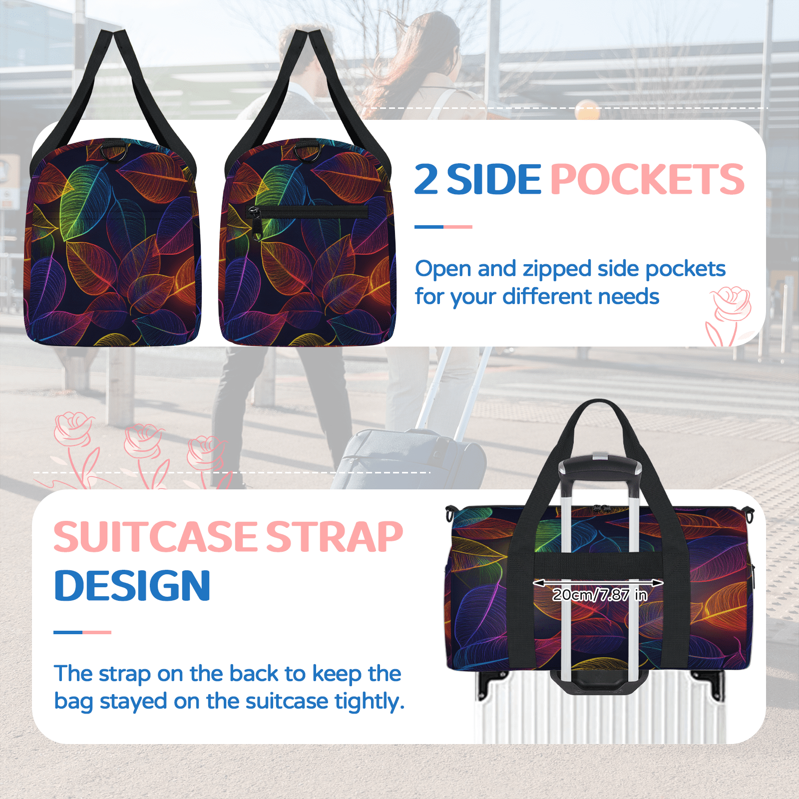 Herdesigns Leaves Travel Duffle Bag Sports Yoga Weekender Overnight Carry on Workout Bags Lightweight Waterproof Gym Tote Bag for Women Colorful Leaf