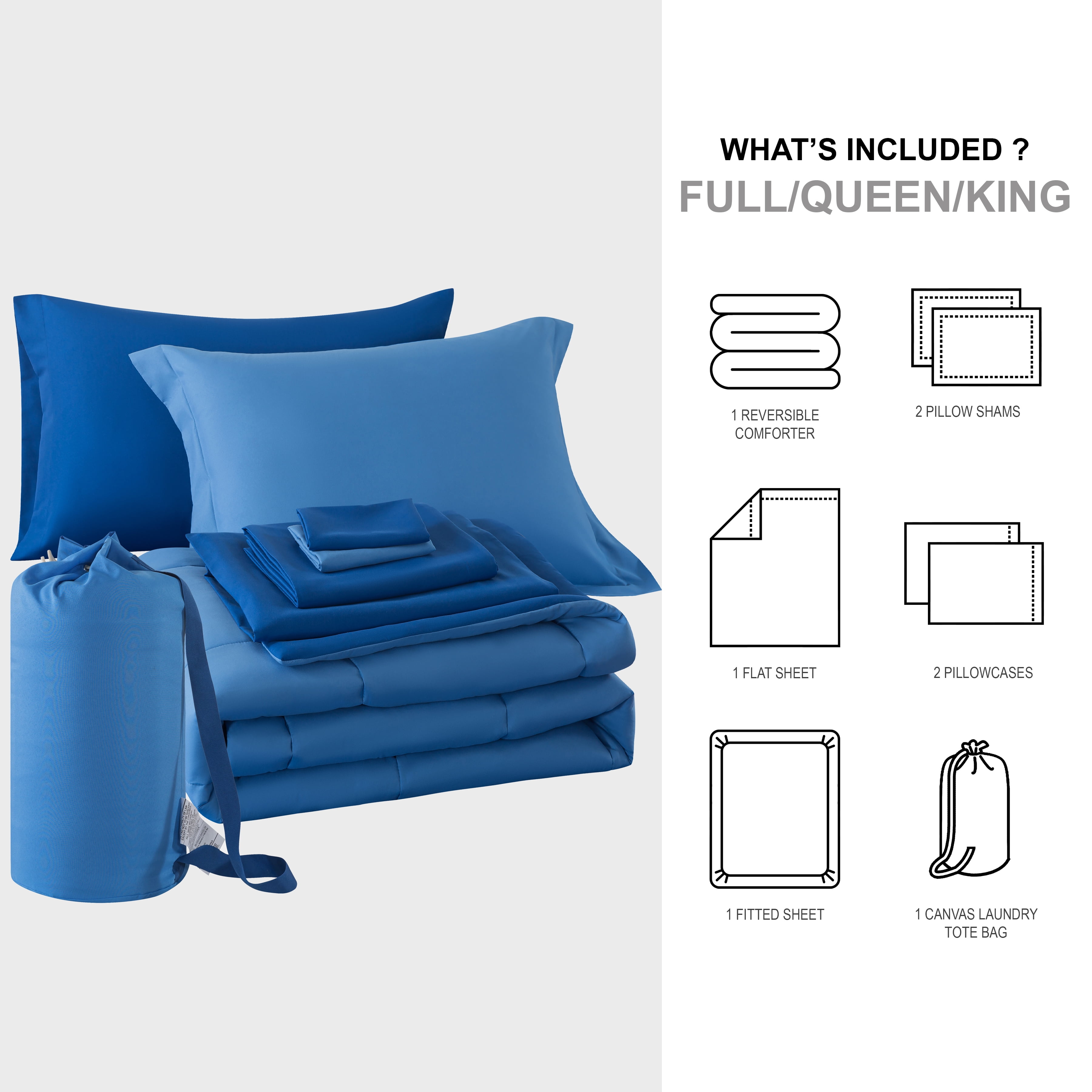 Mainstays 7-Piece Reversible Bed in a Bag with Laundry Tote, Solid Blue, King
